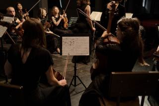 Musiciens d'un orchestre symphonique disposés par sections sur la scène d'une salle de concert